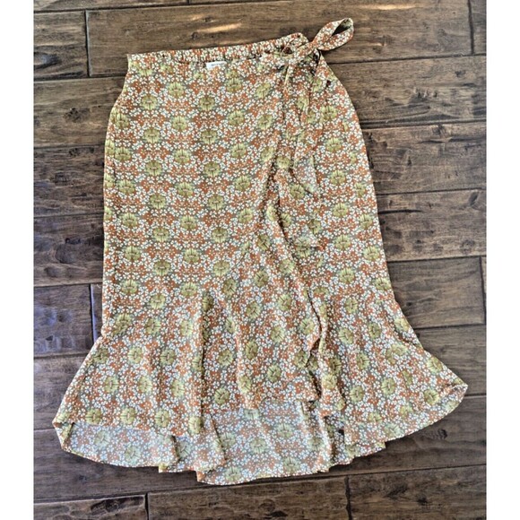 Max Studio Skirt Womens Large Orange Floral Midi Faux Wrap Hi Lo Ruffle Hem Boho - Picture 1 of 7